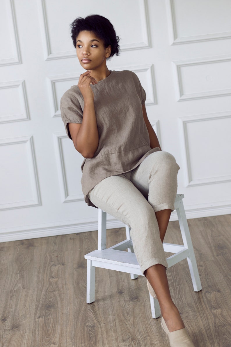Soft Washed White Linen Shirt Linen Top For Women Linen Tunic Top Ready To Ship Oversized Linen Top In Taupe Grey