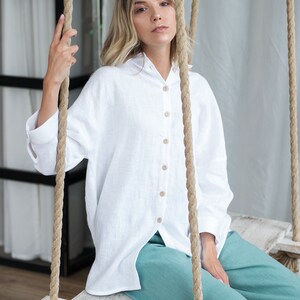 Linen Shirt, Linen Blouse, Button up Shirt, Long Sleeve Shirt LISBON, Linen Tops for Women White