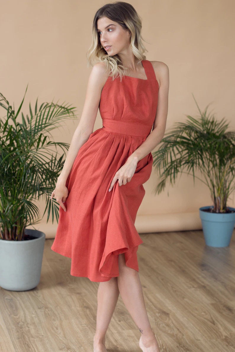 Linen Dress, Bridesmaid Dress, Fit and Flare Dress, Sundress, Linen Dress with Pockets, Pinafore Dress ADELAIDE image 3