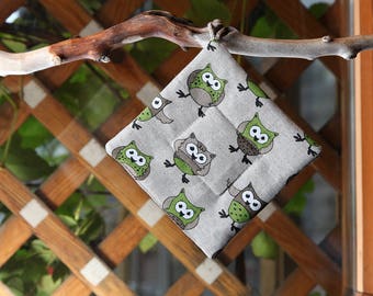 Linen Cotton Potholder Green Owls, Square Pot Holder With Owls, Cute Linen Pot Holder, Hot Pan Holder