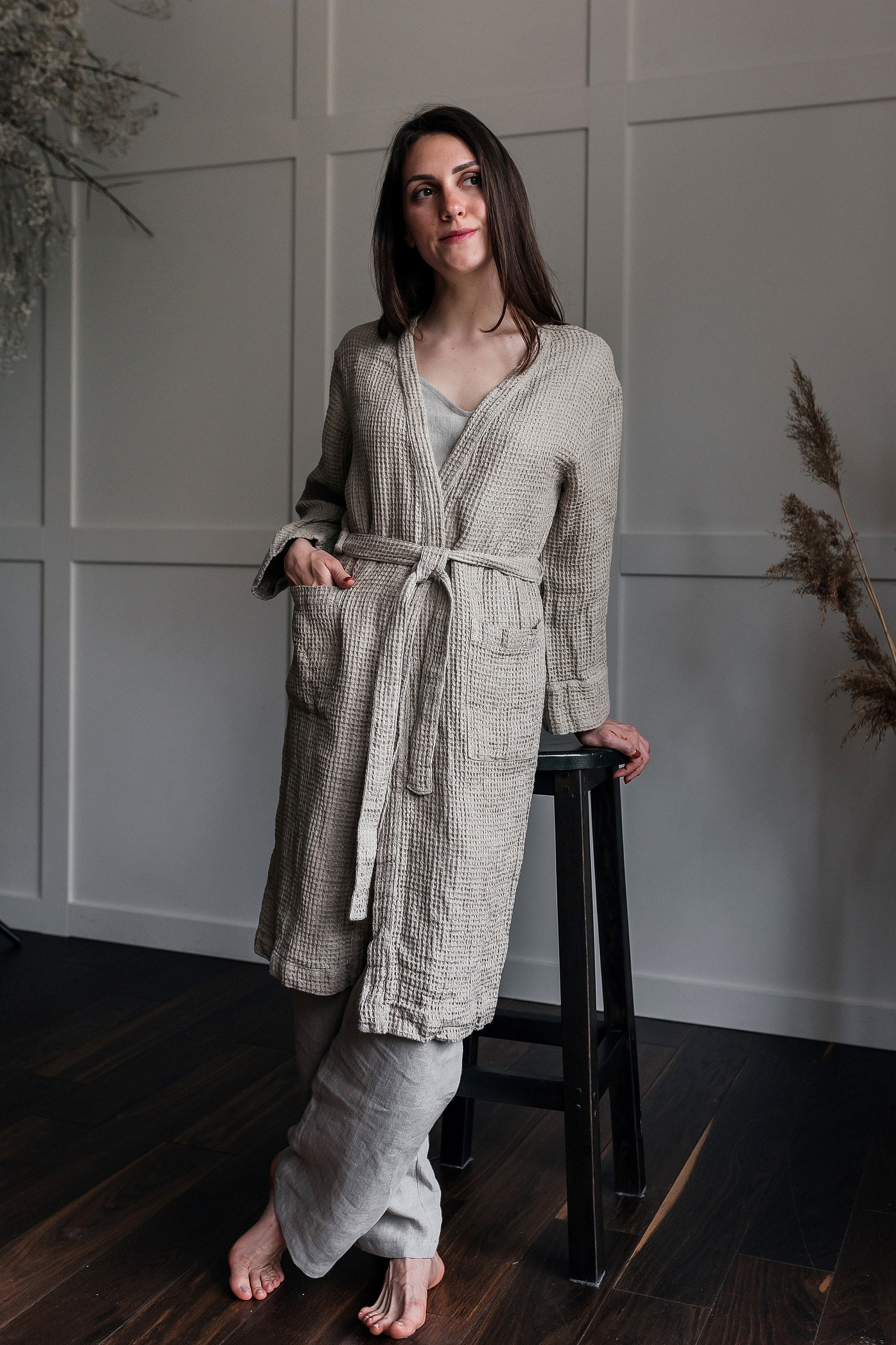 Linen Bathrobe Waffle Linen Bathrobe Softened Linen Bath Etsy