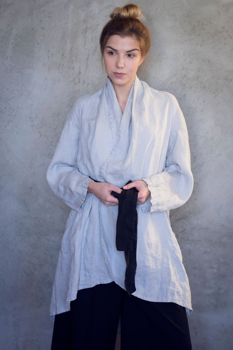 Linen Kimono Jacket, Womens Jacket, Linen Coat with Pockets and Belt, Long Linen Duster TOKYO, Versatile Fashion image 1