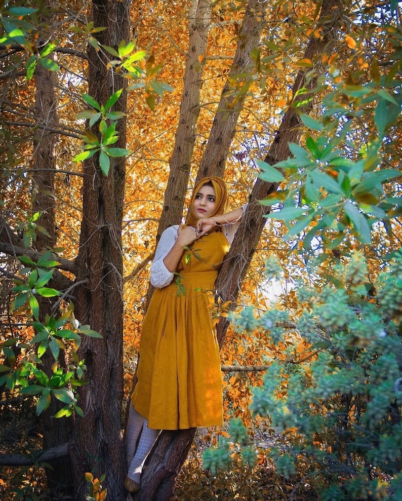 Vestido de lino, vestido pinafore, vestido de verano de lino, vestido de invitada de boda, vestido de espalda abierta, vestido de mujer con bolsillos, vestido de cóctel ADELAIDE imagen 9