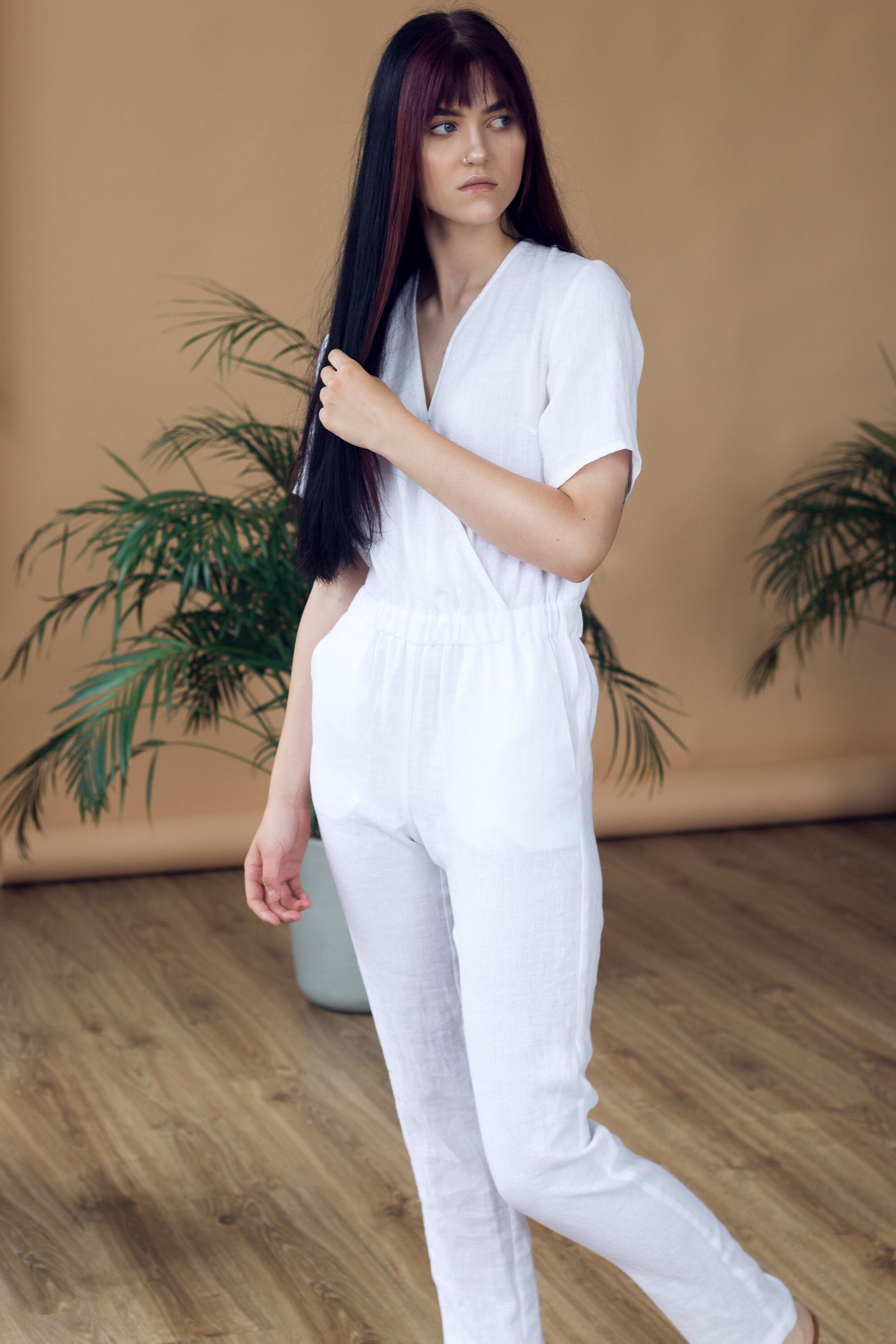 white linen jumpsuit long sleeve