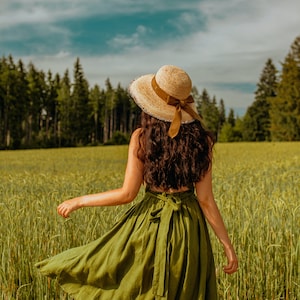 Robe en lin, Robe chasuble, Robe d'été en lin, Robe d'invitée de mariage, Robe de demoiselle d'honneur, Robe midi avec poches, Robe de cocktail ADELAIDE Moss green