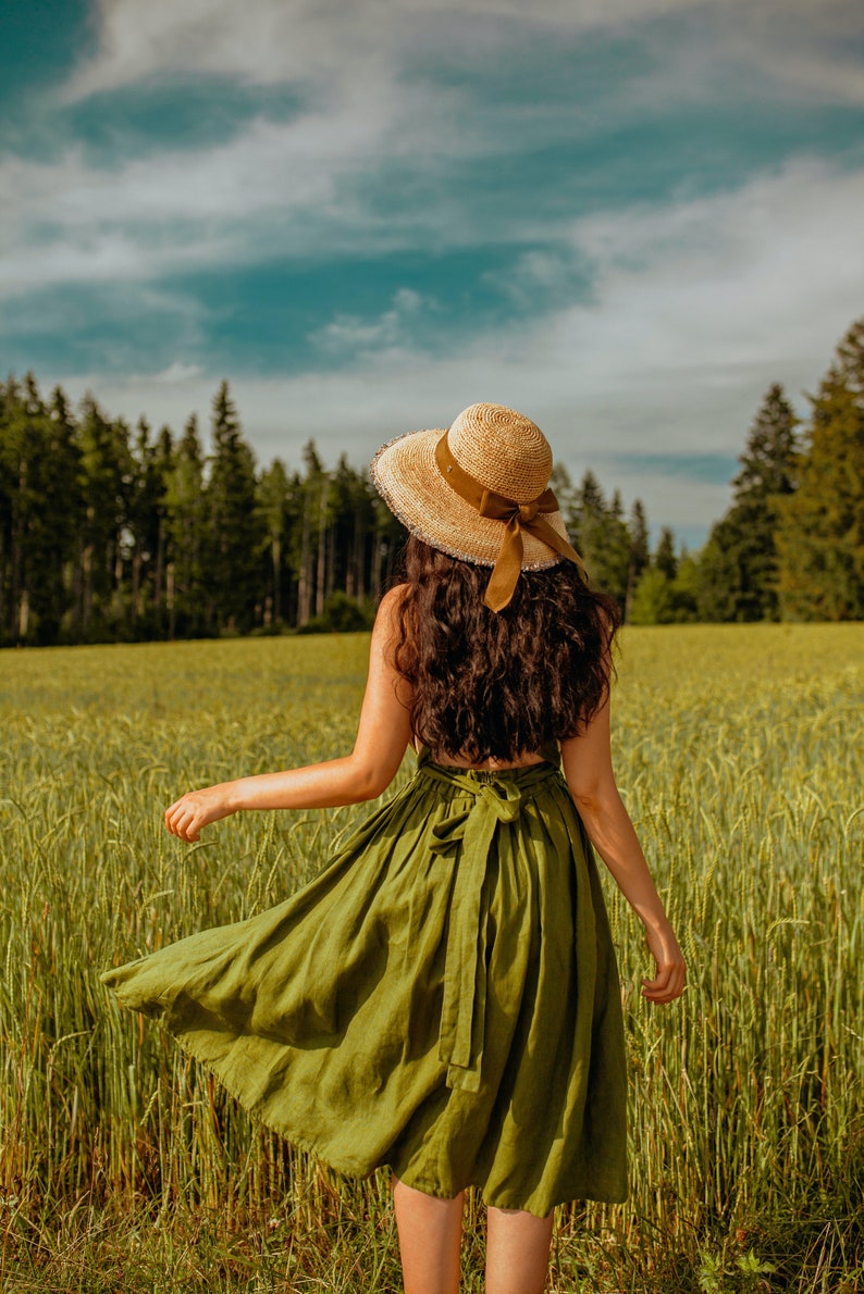 Robe en lin, Robe chasuble, Robe d'été en lin, Robe d'invitée de mariage, Robe de demoiselle d'honneur, Robe midi avec poches, Robe de cocktail ADELAIDE Moss green