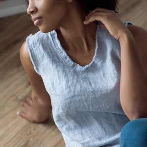 Linen Blouse, Linen Shirt, Linen Top with Fringe, Linen Tank Top, Sleeveless Linen Top IBIZA, Linen Tops for Women Ice blue