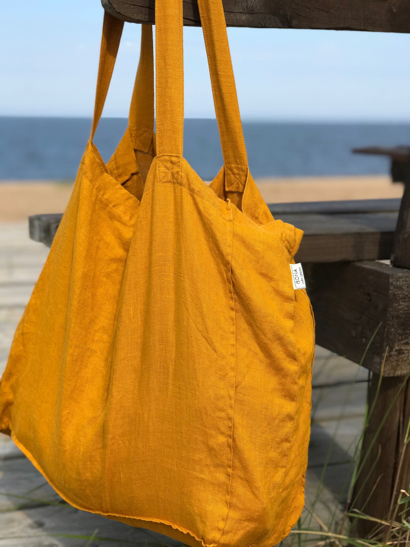 Linen Tote Bag In Mustard Linen Shopping Bag Large Linen Etsy