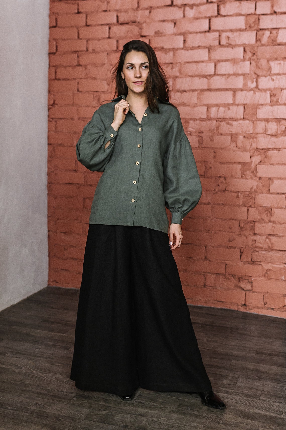 Puff Sleeve Linen Blouse in Olive Green Linen Shirt With Etsy