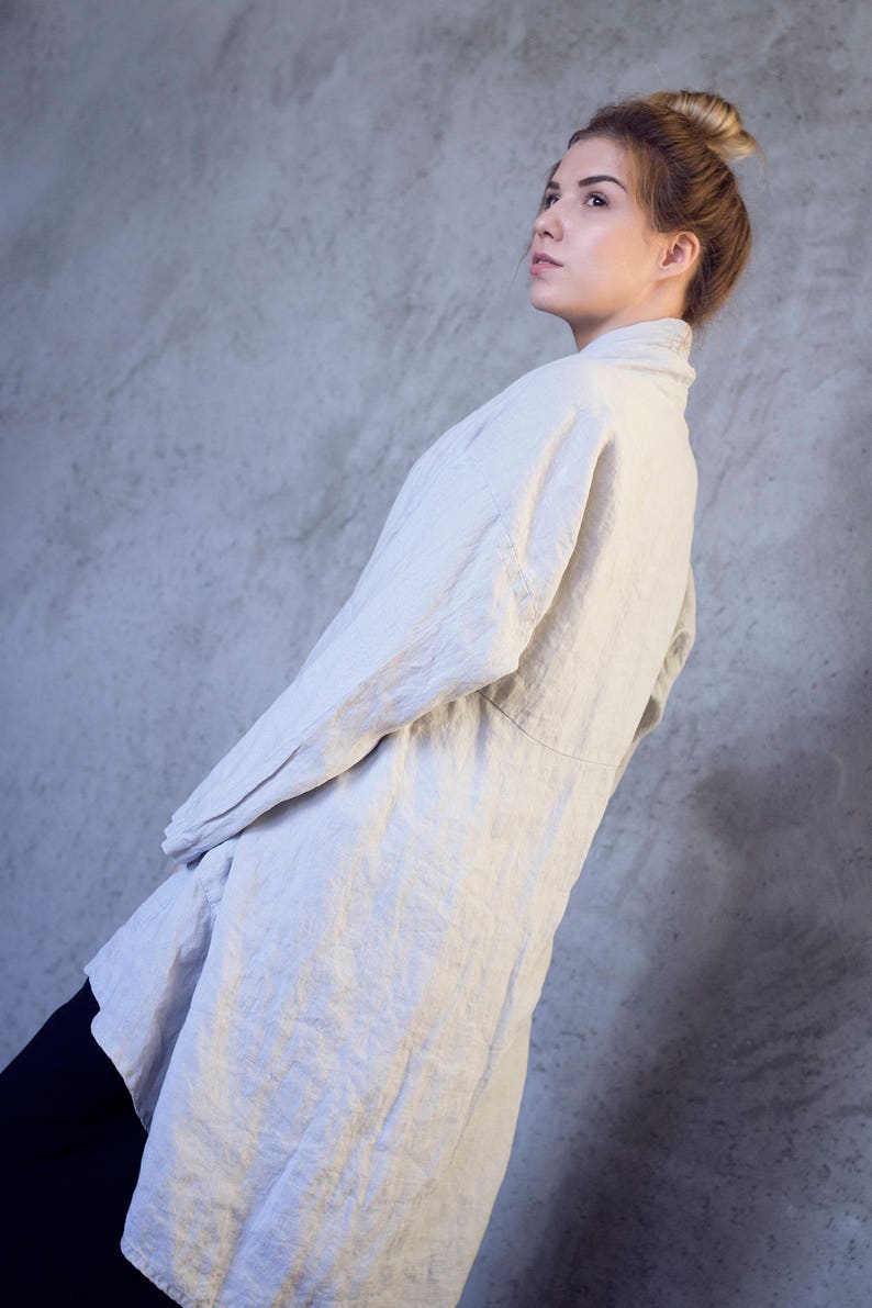 Linen Kimono Jacket, Womens Jacket, Linen Coat with Pockets and Belt, Long Linen Duster TOKYO, Versatile Fashion image 3