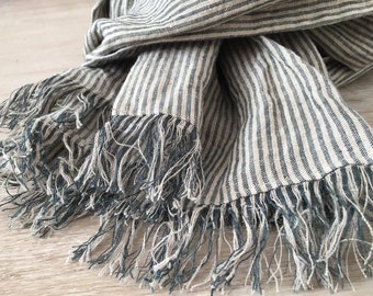 Striped Washed Linen Scarf With Fringes, Handmade Linen Scarf In Stripes, Long Linen Scarf, Trendy Linen Scarf