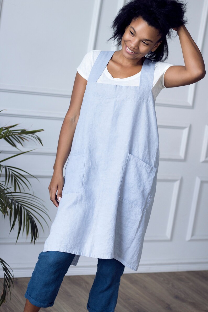 Linen Pinafore Apron in Ice Blue Cross Back Linen Apron Etsy