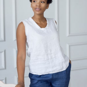 Linen Blouse, Linen Shirt, Linen Top with Fringe, Linen Tank Top, Sleeveless Linen Top IBIZA, Linen Tops for Women White