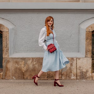 Linen Dress, Pinafore Dress, Linen Summer Dress, Wedding Guest Dress, Bridesmaid Dress, Midi Dress With Pockets, Cocktail Dress ADELAIDE Ice blue