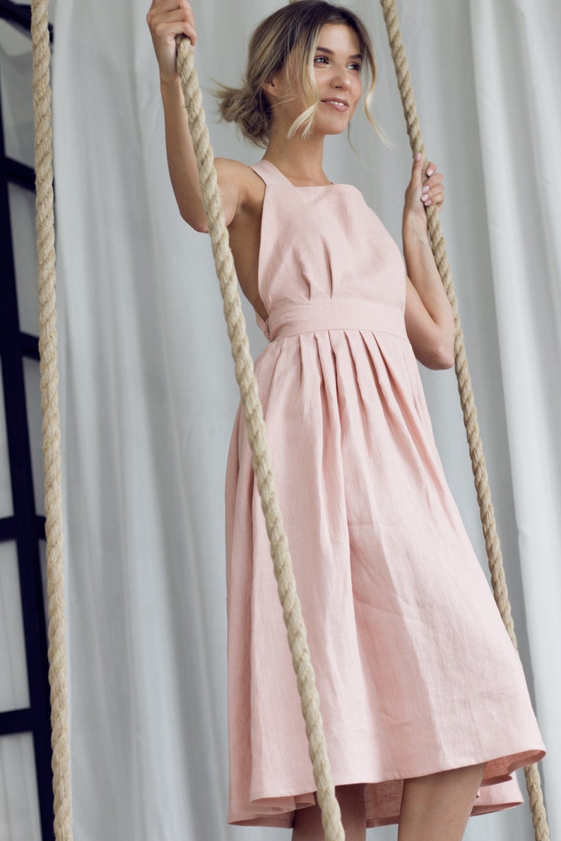 Robe en lin, Robe chasuble, Robe d'été en lin, Robe d'invitée de mariage, Robe de demoiselle d'honneur, Robe midi avec poches, Robe de cocktail ADELAIDE Rose quartz