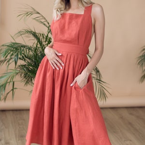 Vestido de lino, vestido pinafore, vestido de verano de lino, vestido de invitada de boda, vestido de espalda abierta, vestido de mujer con bolsillos, vestido de cóctel ADELAIDE imagen 3