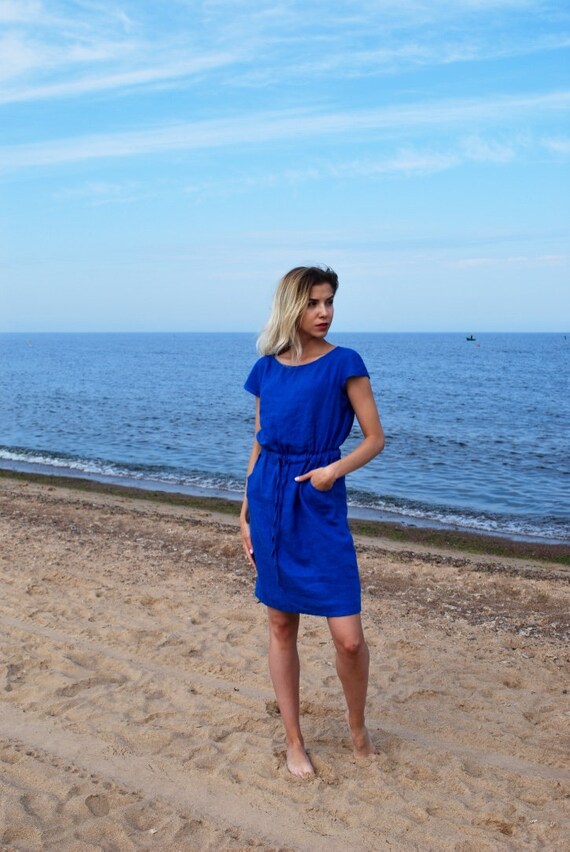 Cobalt blue linen dress Outlet