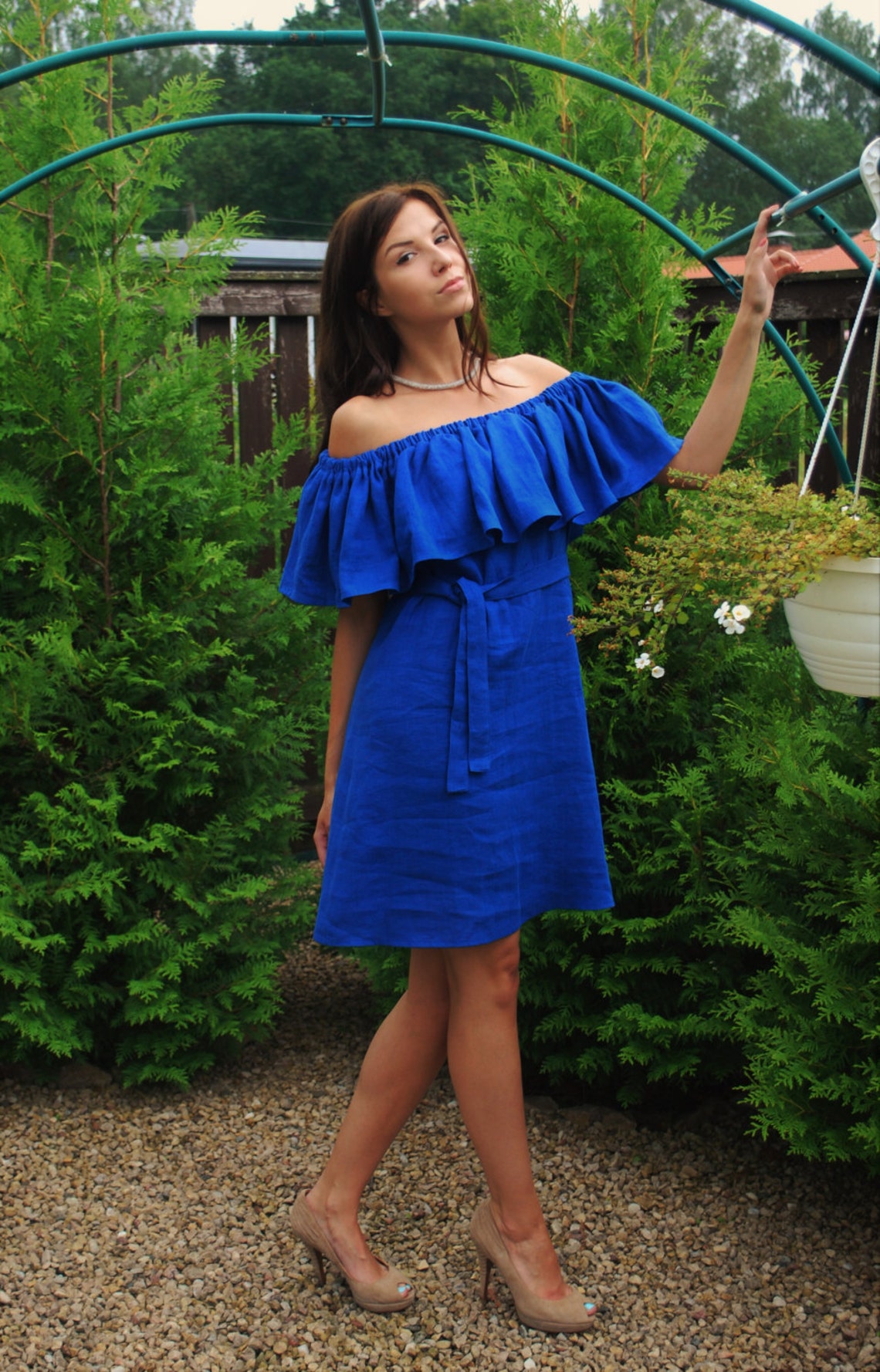 Ruffled Linen Dress Lenora in Cobalt Blue Linen Dress off - Etsy