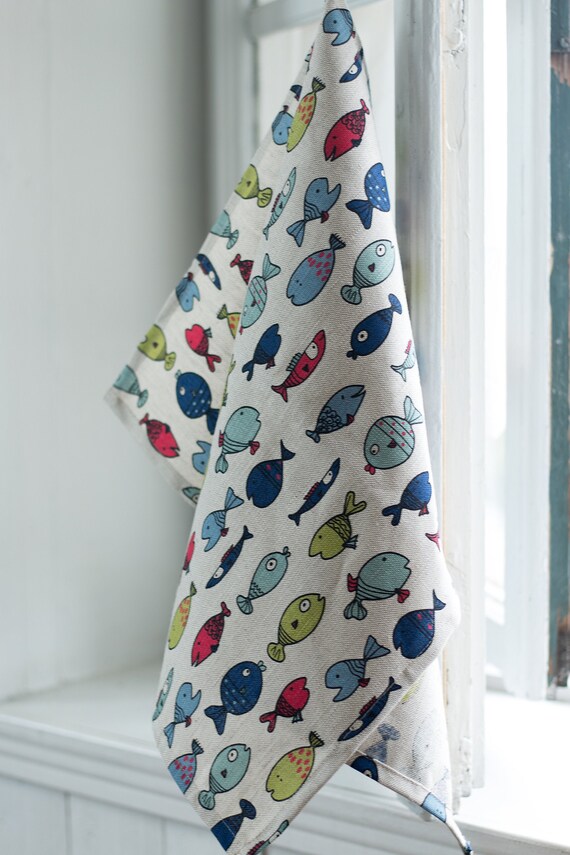 Linen Cotton Tea Towel Cute Fish Dish Towel Hand Towel Linen