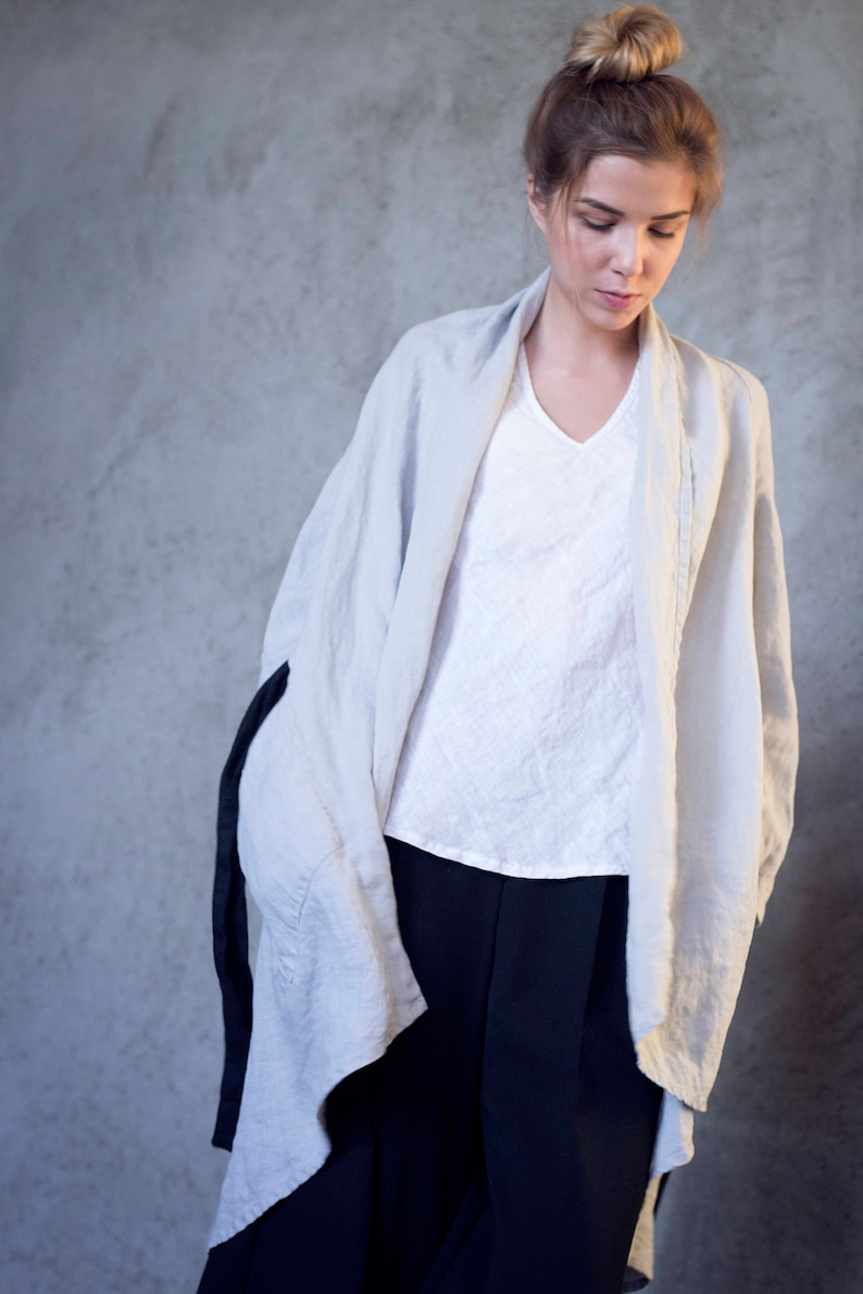 Linen Kimono Jacket, Womens Jacket, Linen Coat with Pockets and Belt, Long Linen Duster TOKYO, Versatile Fashion image 4