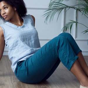 Tapered Linen Pants, Elastic Waist Pants, Linen Pants with Pockets AUCKLAND, Cropped Pants, Womens Clothing, Teal Pants