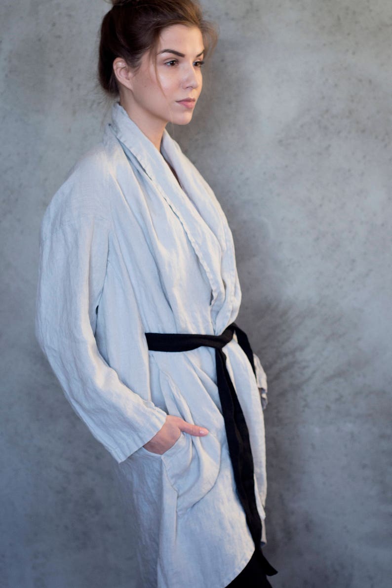 Linen Kimono Jacket, Womens Jacket, Linen Coat with Pockets and Belt, Long Linen Duster TOKYO, Versatile Fashion image 2