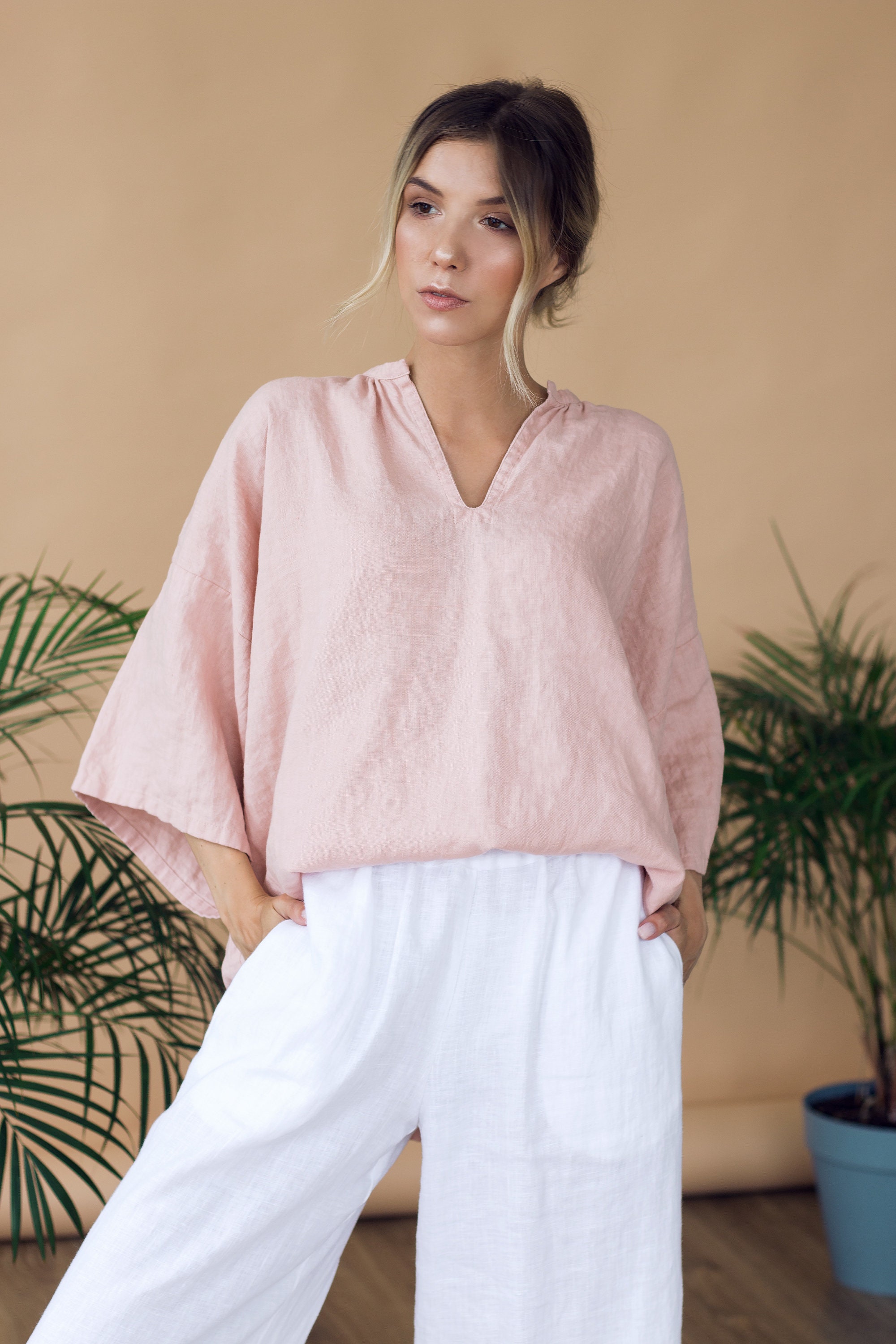 Oversized Linen Tunic Agathe in Rose Quartz V-neck Linen Top - Etsy