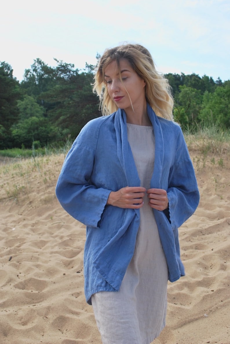 Blue Linen Kimono Jacket Linen Jacket In French Blue Soft Washed Linen Coat With Pockets Long Linen Jacket
