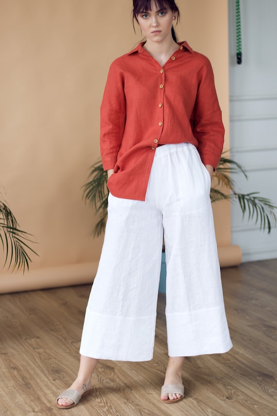 Ready to Ship/ Wide Leg Linen Trousers, Linen Culotte Trousers, Loose Linen  Pants, Cuff Ankle Trousers, Women Mid Waist Pants 