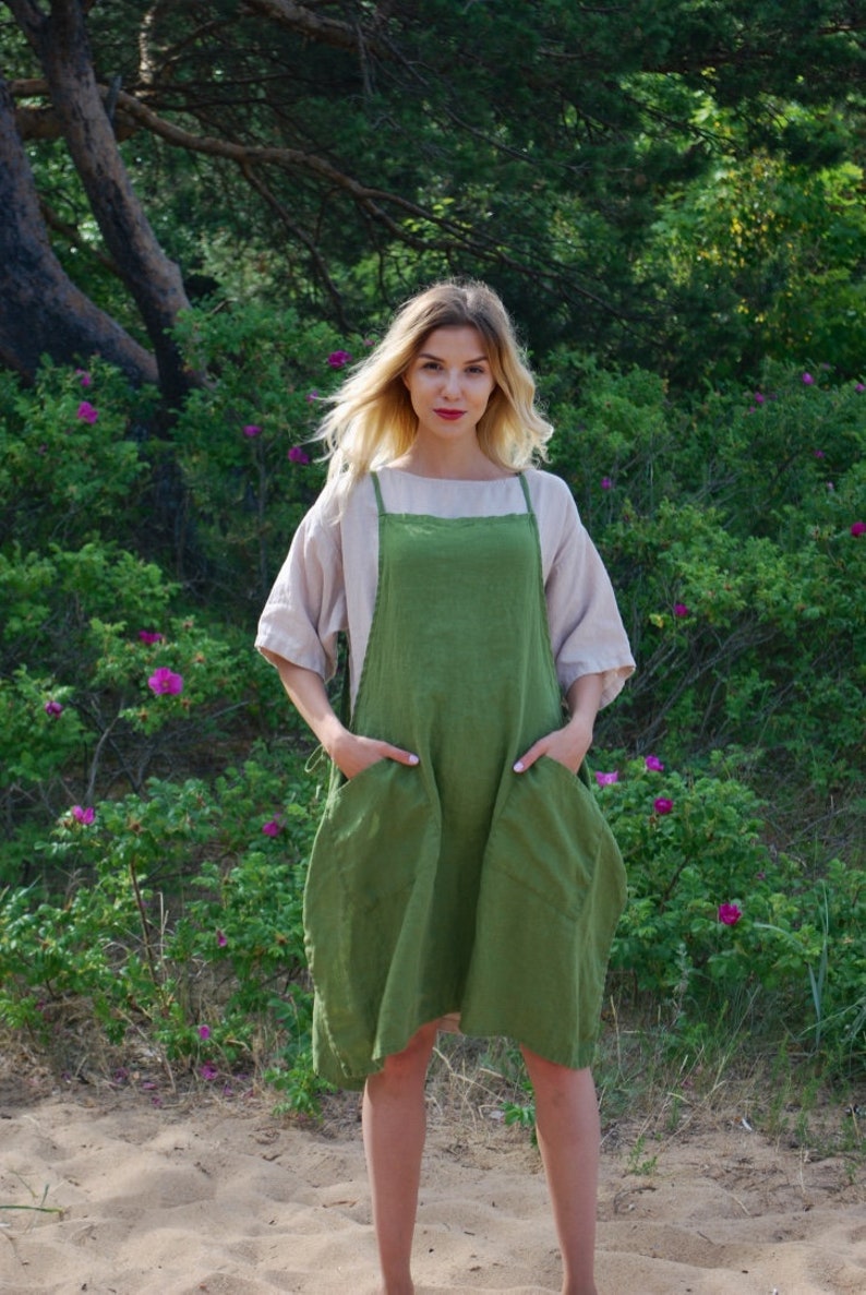 Linen Apron Dress in Moss Green Soft Washed Linen Apron Dress Etsy
