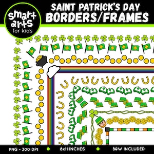May include: A digital illustration featuring various Saint Patrick's Day borders and frames. Designs include shamrocks, flags, pots of gold, rainbows, horseshoes, leprechaun hats, and gold coins. The image is 8x11 inches.