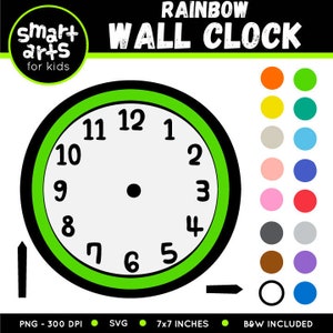 May include: A printable rainbow wall clock with a black outline and green rim. The clock face is white with black numbers and a black dot in the center. The clock is 7 inches by 7 inches and includes a black and white version.