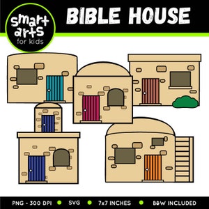 May include: A set of five cartoon illustrations of houses with different colored doors. The houses are beige with brown brick details. The text "BIBLE HOUSE" is at the top of the image.