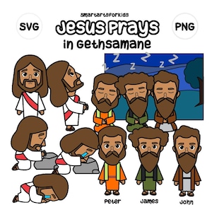 May include: A cartoon illustration of Jesus praying in the Garden of Gethsemane with his disciples Peter, James, and John. Jesus is kneeling and praying, while the disciples are sleeping. The scene is set at night, with a starry sky and a moon.