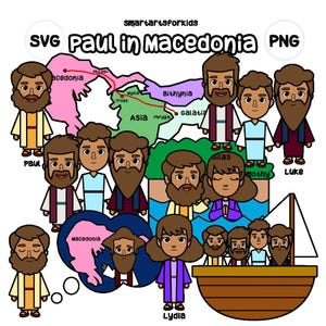 May include: A colorful cartoon illustration titled "Paul in Macedonia" featuring several figures, a map, and a boat. The map highlights regions like Macedonia and Asia. The characters include Paul, Silas, Timothy, and Lydia.