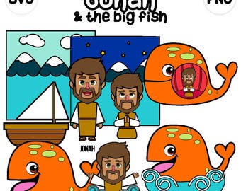 Jona und der große Fisch Clip Art - auf Bibelbasis - bibel charaktere - Jona Clipart - VBS - sofortdownload - SVG Cricut - Vektor