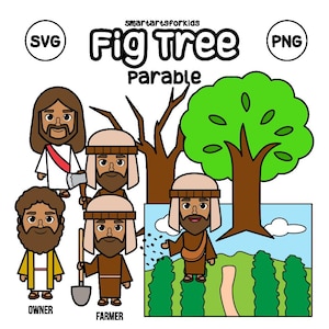 May include: An illustration of the Parable of the Fig Tree. Jesus is depicted in a white robe with a red sash, standing next to a farmer with a shovel. The farmer is digging in the ground next to a fig tree. A second farmer is planting seeds in the ground. The text "Fig Tree Parable" is at the top of the image.