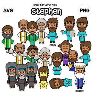 May include: A digital illustration set featuring cartoon characters with various expressions and clothing, including the text "smartartsforkids", "Stephen", "Saul", "False Witnesses", and "High Priest". The characters are depicted in SVG and PNG formats.