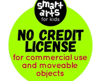 May include: A green circle with the text "smart arts for kids" in a black circle at the top. The text "NO CREDIT LICENSE" is in black text. Below the text is "for commercial use and moveable objects" in red text.