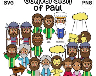 May include: A digital illustration set titled Conversion of Paul by smartartsforkids featuring cartoon characters including Saul, a high priest, and Ananias, along with soldiers, a Damascus sign, and a figure descending from a yellow cloud.