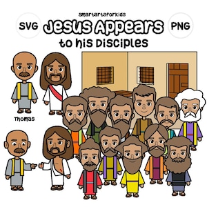 Könnte beinhalten: Eine Cartoon-Illustration von Jesus, der seinen Jüngern erscheint. Jesus steht im Zentrum des Bildes, umgeben von seinen Jüngern. Die Jünger tragen alle traditionelle Kleidung und einige haben Bärte. Das Bild ist vor dem Hintergrund eines Gebäudes mit einer Tür und Fenstern dargestellt.