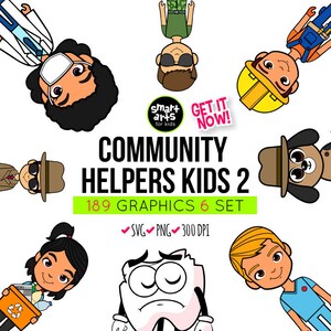 May include: A set of 189 community helpers kids clip art graphics in 6 sets. The graphics are in SVG and PNG format and are 300 DPI. The graphics feature a variety of community helpers, including a doctor, a police officer, a firefighter, a construction worker, a teacher, and a dentist. The graphics are colorful and fun and are perfect for use in educational materials, classroom decorations, or personal projects.