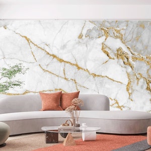 White Marble & Gold Veins Vinyl Wallpaper - Modern Wall Mural
