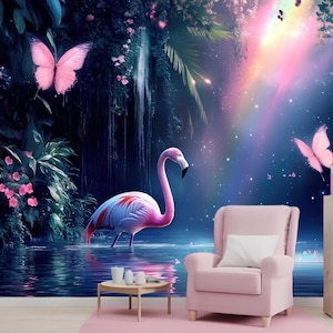 Carta da parati con fenicotteri della foresta magica, giardino incantato, arcobaleno, foresta fantasy, decorazione da parete per cameretta dei bambini, carta da parati fotografica, murale grande personalizzabile