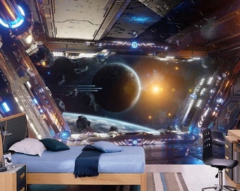 May include: A futuristic bedroom with a space-themed mural. The mural depicts planets, stars, and a spaceship. The room includes a bed with blue bedding, a desk, and a black chair. The walls and ceiling have a metallic, industrial design.