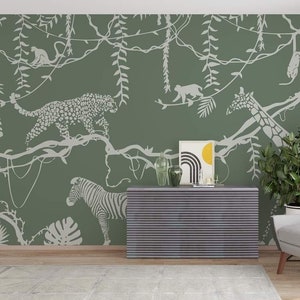 Tropische Tiere und Pflanzen Baby Foto Tapete Grüner Hintergrund Giraffe Zebra Leopard Kinderzimmer Wanddeko Wilde Tiere Wallpaper