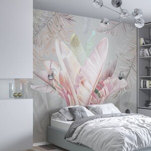 Tropische Blätter, Pastell-Tapete, moderne Wanddekoration, helle Palmenblätter, Fototapete für Schlafzimmer, Kinderzimmer, glitzert, große Wandgemälde