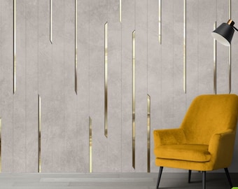 May include: A modern interior design featuring a light gray wall with vertical gold accents. A mustard yellow armchair with black legs sits in front of the wall. A black lamp with a white interior is to the right.
