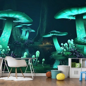 Foresta oscura magica con funghi verdi luminosi, murales per bambini, decorazioni da parete moderne, design esclusivo, carta da parati fotografica, scintille per bambini