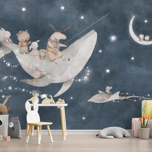 Carta da parati per cameretta dei bambini con balene e animali: murale per cameretta dei bambini con cielo stellato